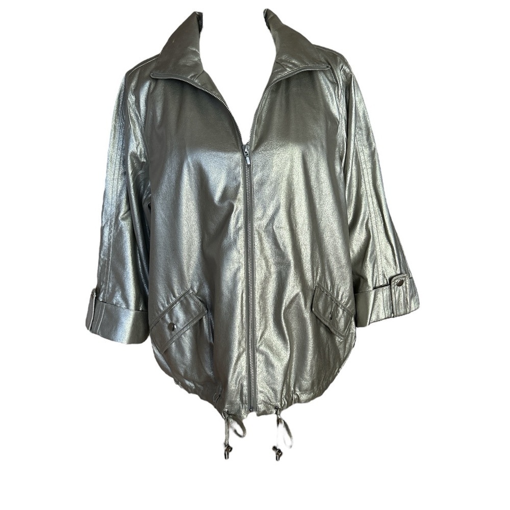 Sharon Young Faux Leather Metallic Silver Bomber Jacket